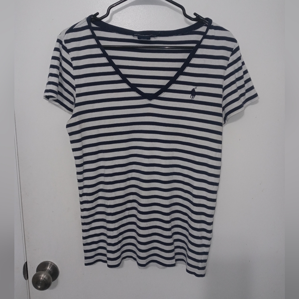 Ralph Lauren Sport Women's Short Sleeve Navy Blue White V Neck Emb. Pony shirt